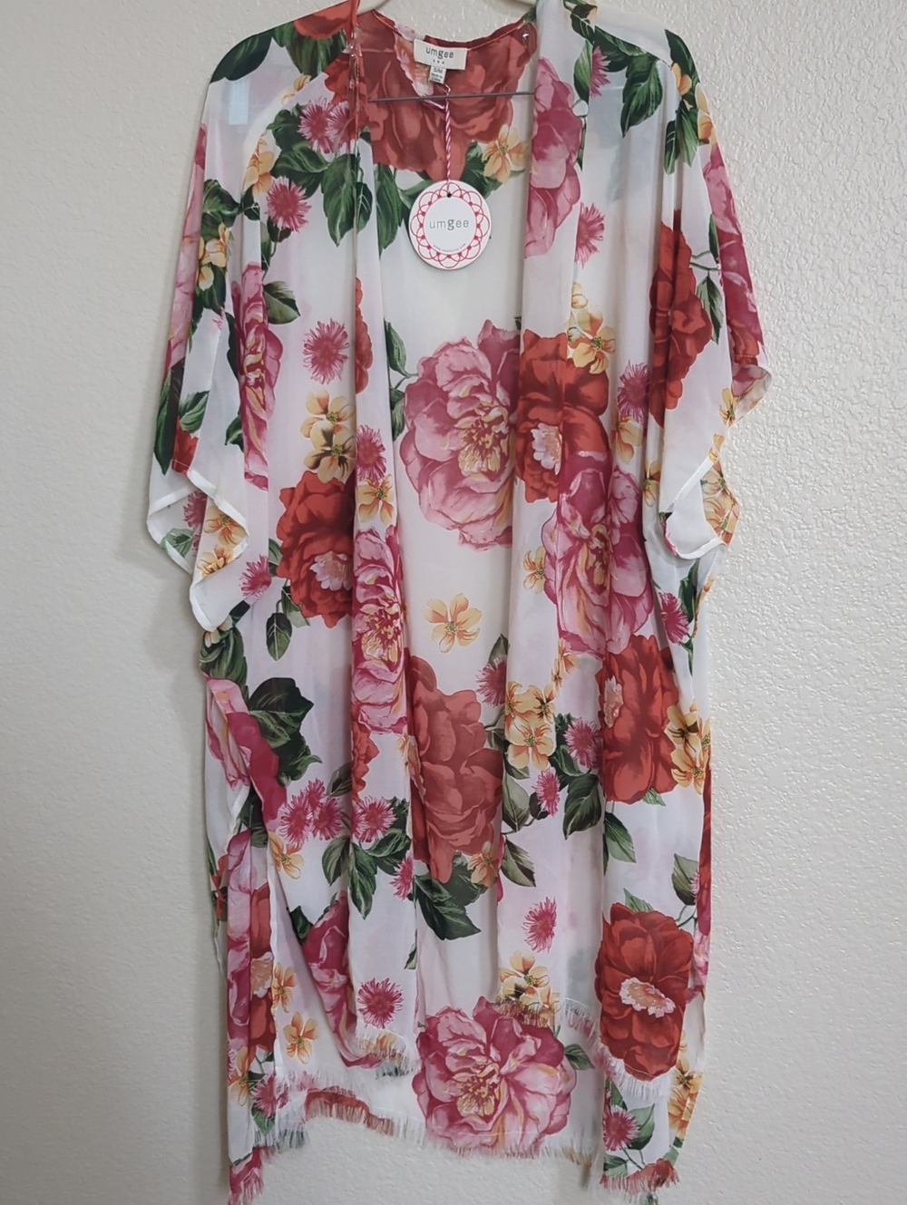 Umgee White Floral Kimono Cover-Up with Pink & Red Blooms